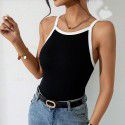 Women's slim fit temperament splicing color collision high elasticity knitted vest with suspender top 