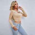 Sexy hollow slim fit short glossy long sleeved women's T-shirt top 