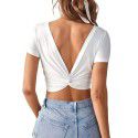 Women's new sexy backless V-neck slim fit short knitted short sleeved fashionable T-shirt top 