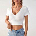 Women's new sexy backless V-neck slim fit short knitted short sleeved fashionable T-shirt top 