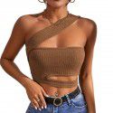New sexy hollow knitted vest for women's clothing, ultra short slanted shoulder chest wrapped top 