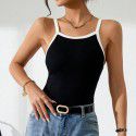 Women's slim fit temperament splicing color collision high elasticity knitted vest with suspender top 