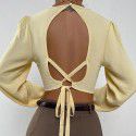 Women's sexy backless top with tied V-neck long sleeved versatile short shirt 
