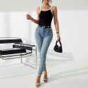 Women's slim fit temperament splicing color collision high elasticity knitted vest with suspender top 