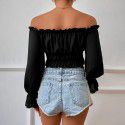 Women's autumn sexy casual home waist cinched wooden leaf edge long sleeved women's shirt top 