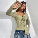 Women's heart-shaped collar flared sleeves hollowed out slim fit long sleeved t-shirt sexy top 