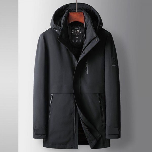Men's down jacket for autumn and winter, mid length white goose down, detachable inner liner, middle-aged and young business hooded, thick down jacket 