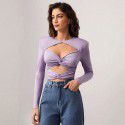 Sexy spicy girl with hollowed out front chest, slim fit long sleeved milk silk short top 