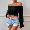 Women's autumn sexy casual home waist cinched wooden leaf edge long sleeved women's shirt top 