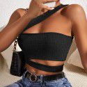 New sexy hollow knitted vest for women's clothing, ultra short slanted shoulder chest wrapped top 
