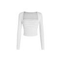 Women's square neck pleated slim fit long sleeved knitted T-shirt with temperament top 