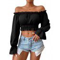 Women's autumn sexy casual home waist cinched wooden leaf edge long sleeved women's shirt top 