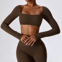Sexy nude long sleeved yoga suit, outdoor running sports T-shirt, quick drying tight fitting fitness suit, top 