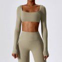 Sexy nude long sleeved yoga suit, outdoor running sports T-shirt, quick drying tight fitting fitness suit, top 