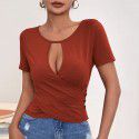 New sexy hollow button slim fit casual short sleeved T-shirt top with temperament 