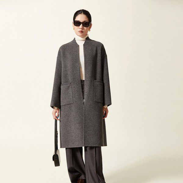 Pure wool coat, woolen coat, double-sided long baseball jacket, wool high-end zipper jacket