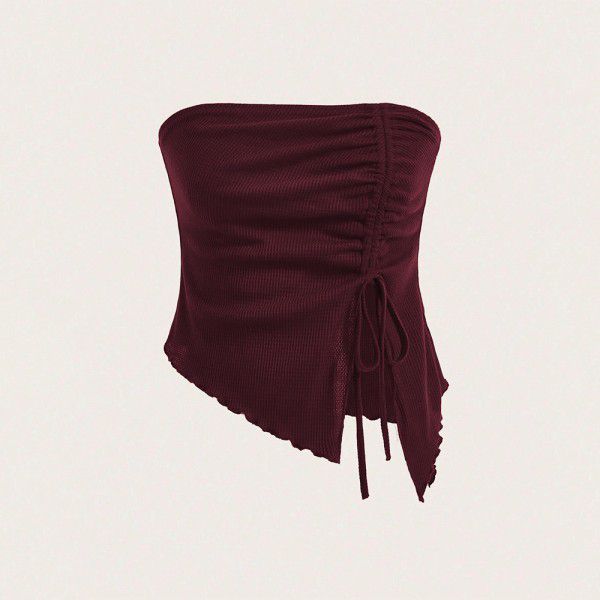 New autumn and winter drawstring slit irregular waffle style slim fit strapless vest top 