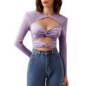 Sexy spicy girl with hollowed out front chest, slim fit long sleeved milk silk short top 