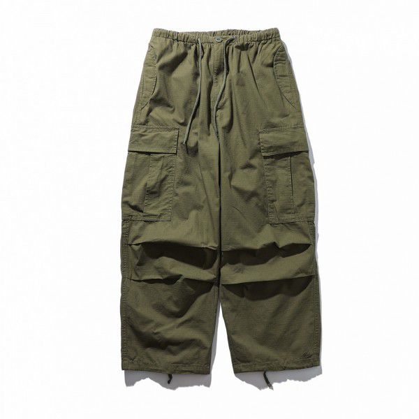 Work pants men's trendy brand loose functional outdoor pleated wide leg pants casual drawstring ankle pants 