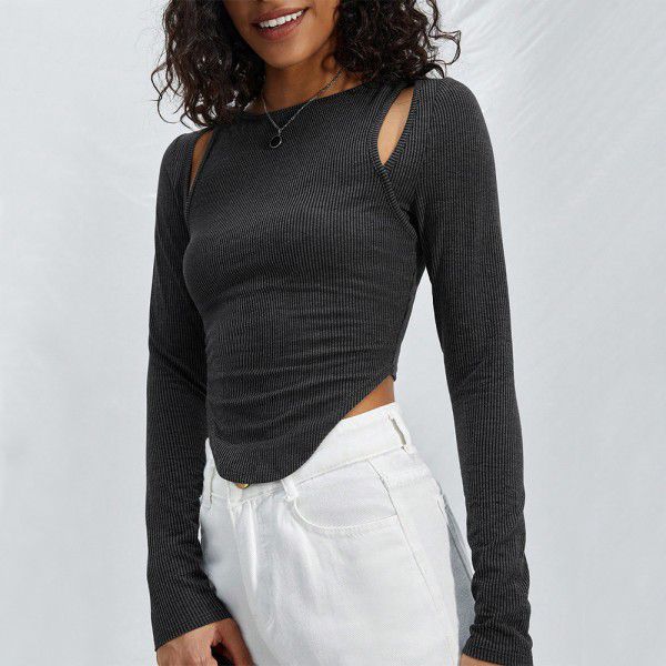 Women's irregular round neck knitted long sleeved T-shirt sexy and fashionable solid color top 