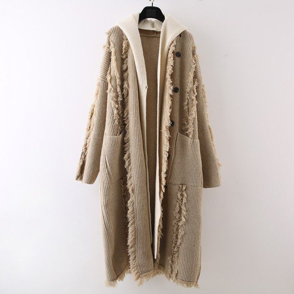 Design sense hooded tassel knitted cardigan fake two piece women's autumn and winter mid length loose over knee sweater jacket
