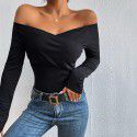 Women's sexy one neck slim fit temperament knitted long sleeved women's T-shirt top 