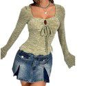 Women's heart-shaped collar flared sleeves hollowed out slim fit long sleeved t-shirt sexy top 