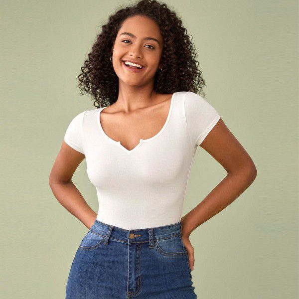 Women's high waisted exposed belly button rolled edge pure cotton short T-shirt short sleeved ins slim fit top 