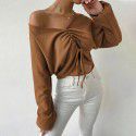 Women's loose casual V-neck drawstring waffle long sleeved T-shirt with exposed navel versatile top 