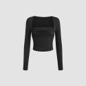 Women's square neck pleated slim fit long sleeved knitted T-shirt with temperament top 