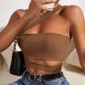 New sexy hollow knitted vest for women's clothing, ultra short slanted shoulder chest wrapped top 