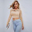 Sexy hollow slim fit short glossy long sleeved women's T-shirt top 