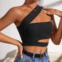 New sexy hollow knitted vest for women's clothing, ultra short slanted shoulder chest wrapped top 