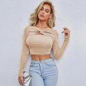 Sexy hollow slim fit short glossy long sleeved women's T-shirt top 
