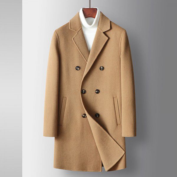 Men's new autumn and winter handmade double-sided woolen coat solid color double breasted medium long windbreaker 