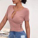 New sexy hollow button slim fit casual short sleeved T-shirt top with temperament 