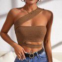 New sexy hollow knitted vest for women's clothing, ultra short slanted shoulder chest wrapped top 