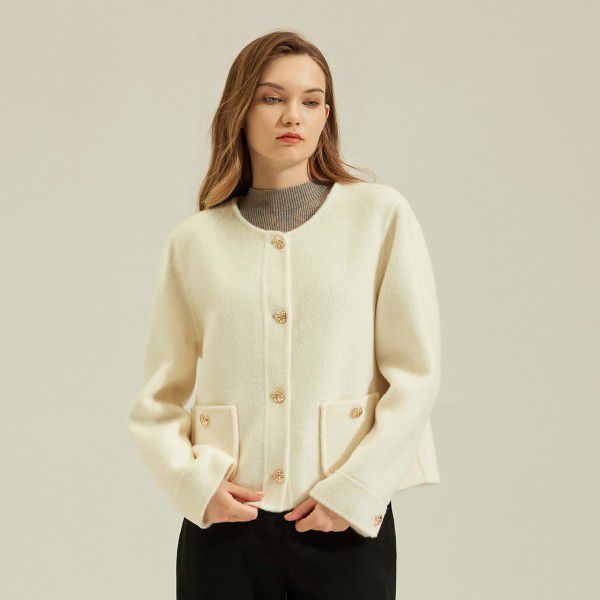 Wool coat, double-sided woolen coat, single breasted short round neck, stylish coat