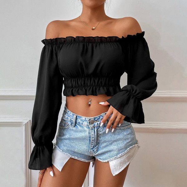 Women's autumn sexy casual home waist cinched wooden leaf edge long sleeved women's shirt top 
