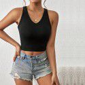 New sexy V-neck slim fit ultra short sleeveless hollowed out patchwork vest top 