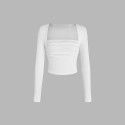 Women's square neck pleated slim fit long sleeved knitted T-shirt with temperament top 