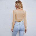 Sexy hollow slim fit short glossy long sleeved women's T-shirt top 