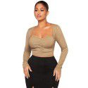 Autumn and winter new slim fit fashionable short style solid color sexy long sleeved t-shirt wrapped chest top 