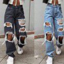 High waisted thin cut wide leg ripped jeans for women