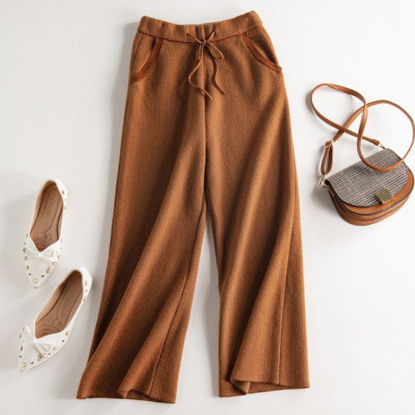 New autumn and winter women's herringbone wool pants for casual leggings, wide leg pants, knitted outerwear pants 