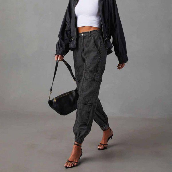 Workwear jeans for women in autumn, fashionable and casual, elastic waistband, foot binding, loose fitting women's pants