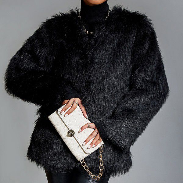 Imitation fur women's black strapless commuting lapel coat with temperament