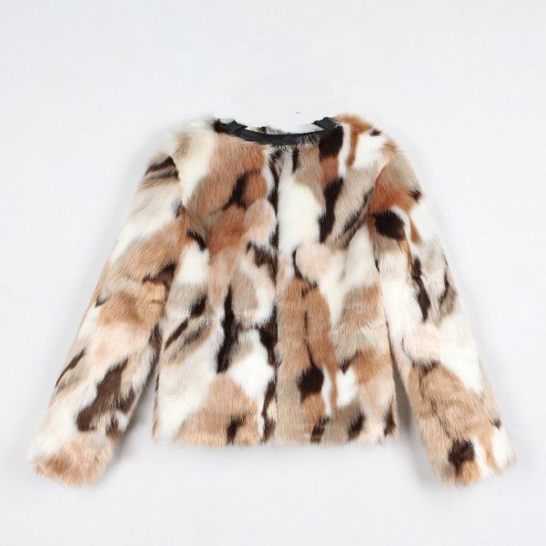 Winter fur coat women's style round neck short mixed color coat