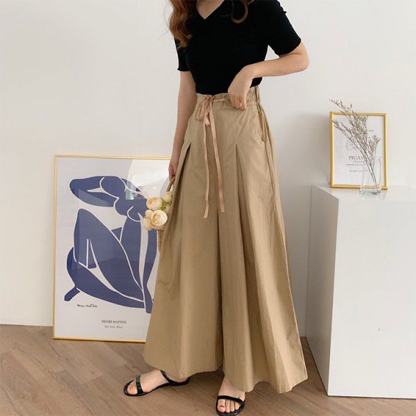 Wide leg pants, women's skirt, drawstring, elastic waist, slimming effect, pleated skirt