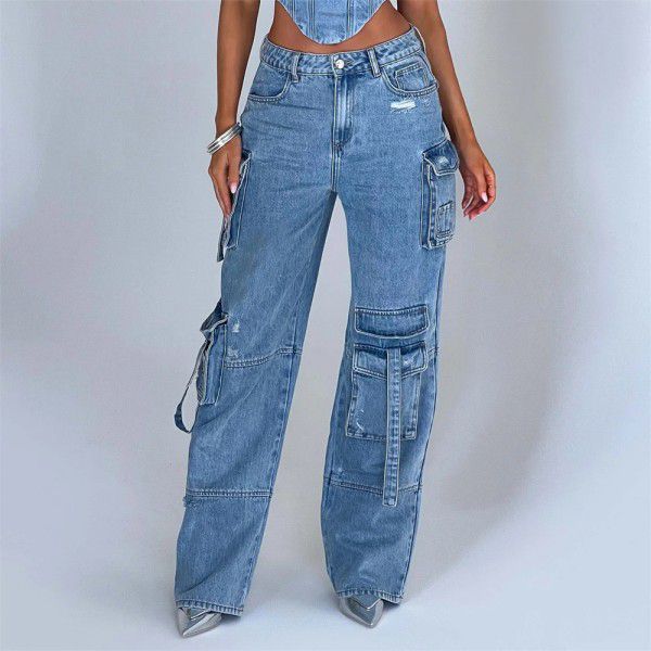 Low waist three-dimensional pocket splicing jeans for women, loose and hanging feeling, slimming pants